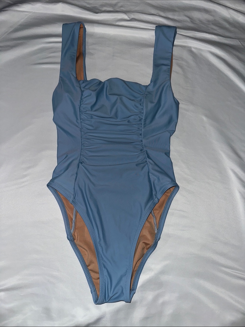 J. Crew Light Blue Square Neck Ruched One-Piece Swimsuit - Picture 2 of 3